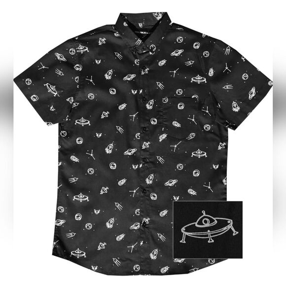 Molokai Surf Shop Cotton Black & White Spaceship Short Sleeve Button Up Shirt - Picture 1 of 9